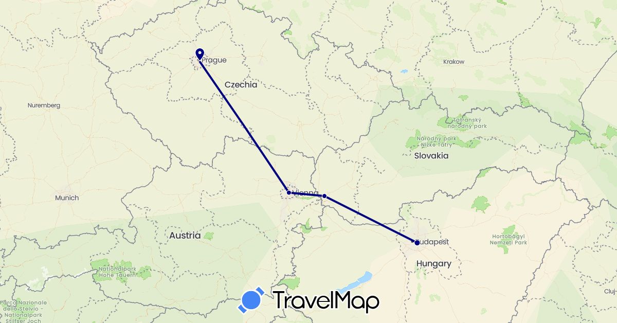 TravelMap itinerary: driving in Austria, Czech Republic, Hungary, Slovakia (Europe)